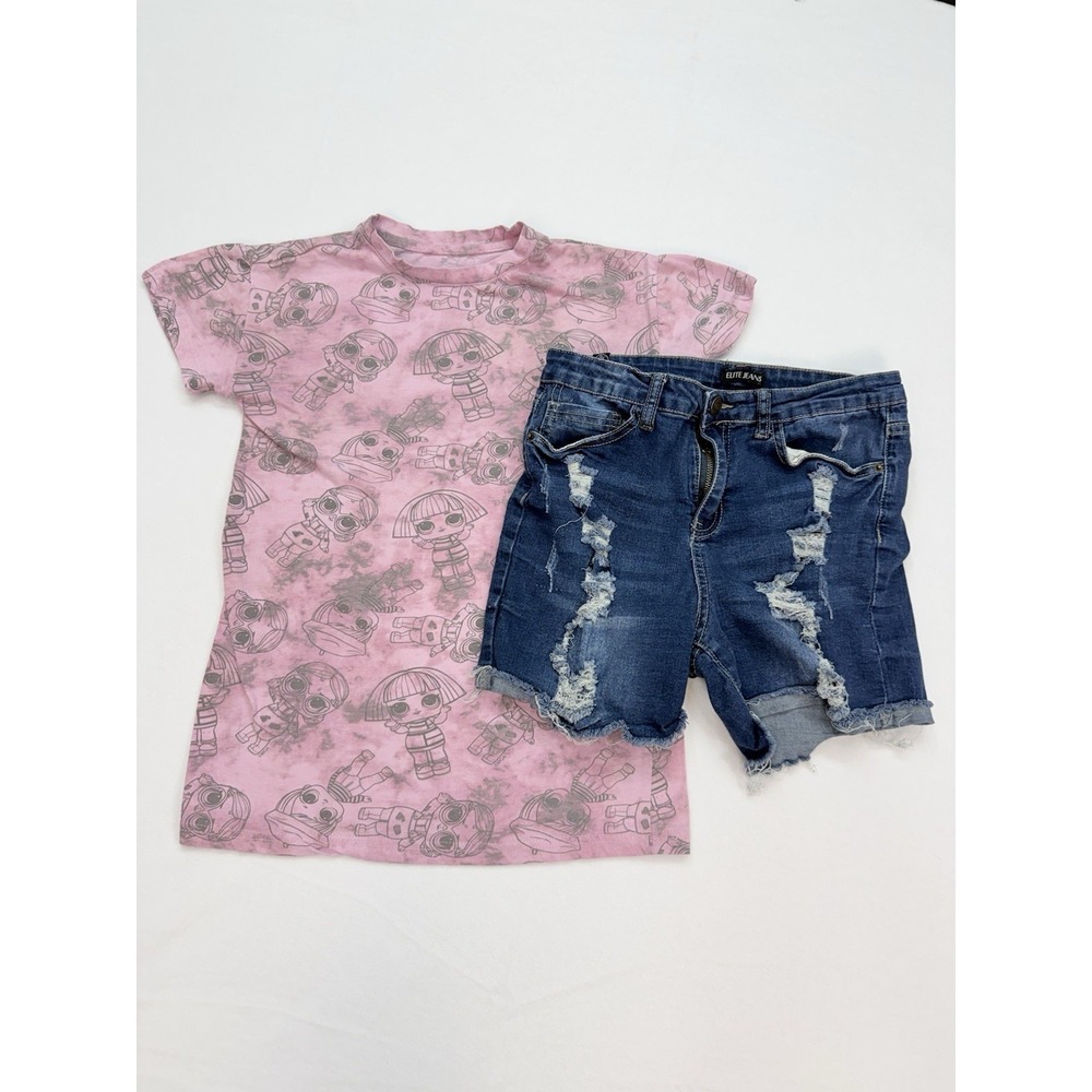 LOL Surprise Pink  Tee & Elite Jeans Distressed Shorts‎ Junior Girls 5/6X Bundle